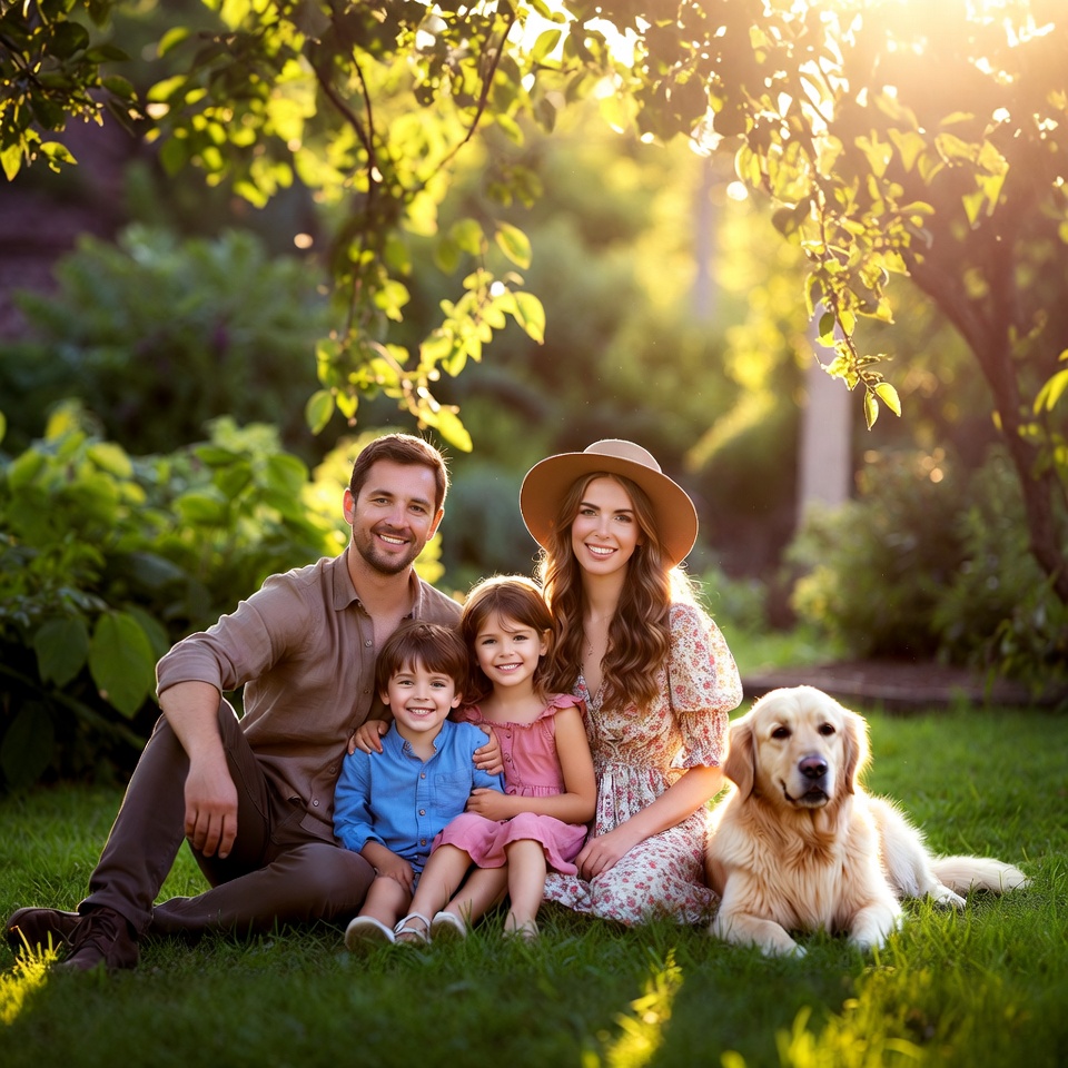 Best dog breeds for families sitting together in sunny garden