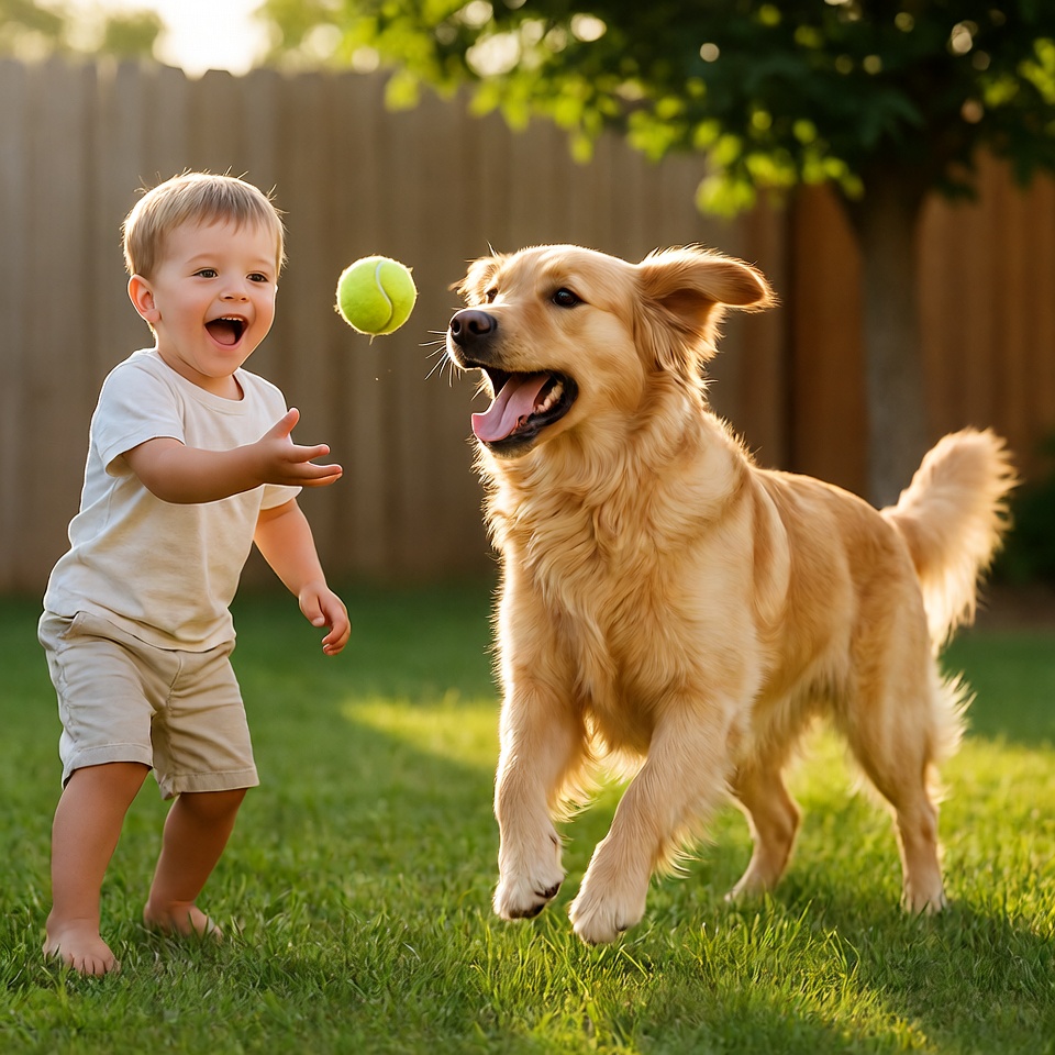 Golden Retriever playing fetch with child in sunny backyard