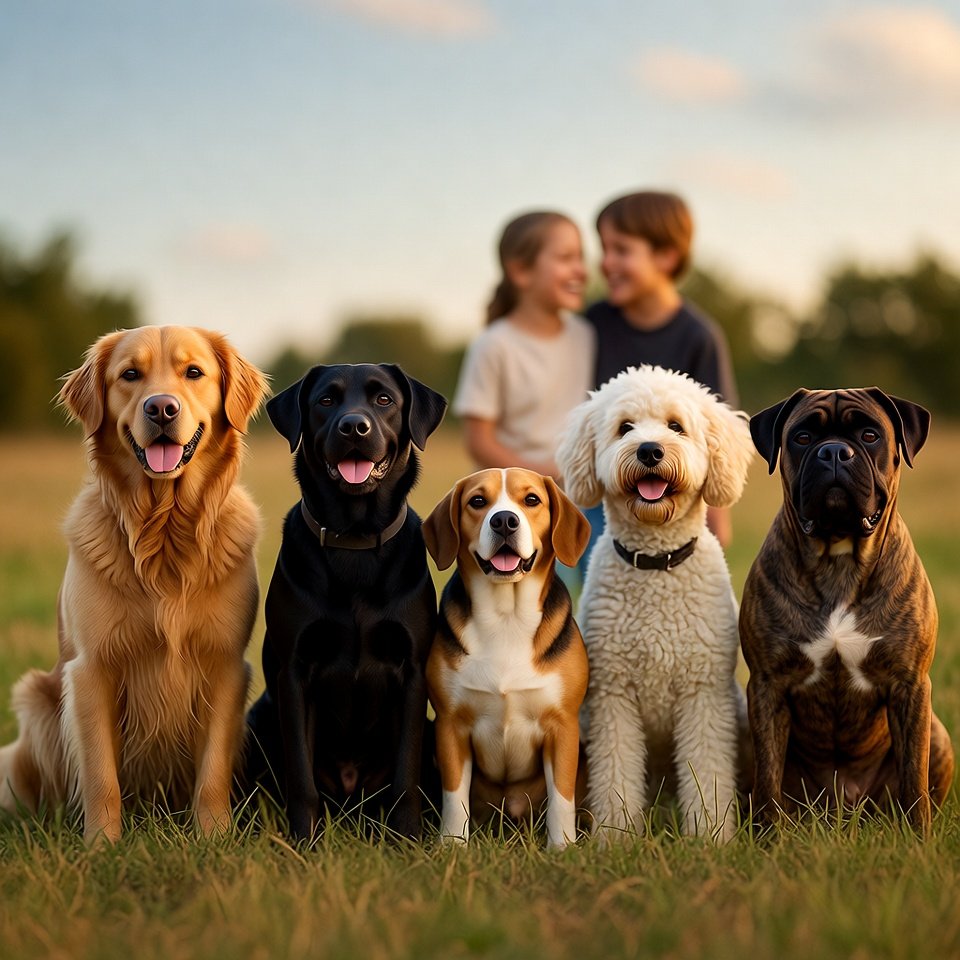 Best dog breeds for families including Golden Retriever Labrador and Beagle sitting together on green grass