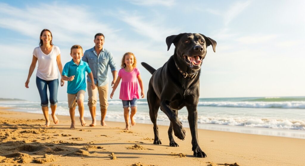 Black Labrador Retriever running on beach with happy family