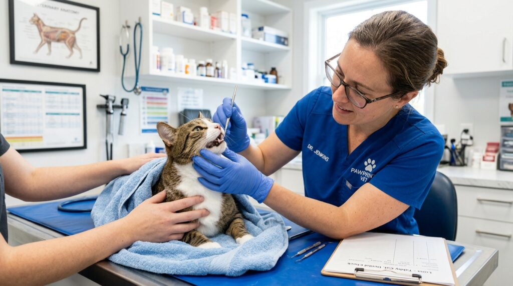 veterinarian examining cat mouth for dental pain