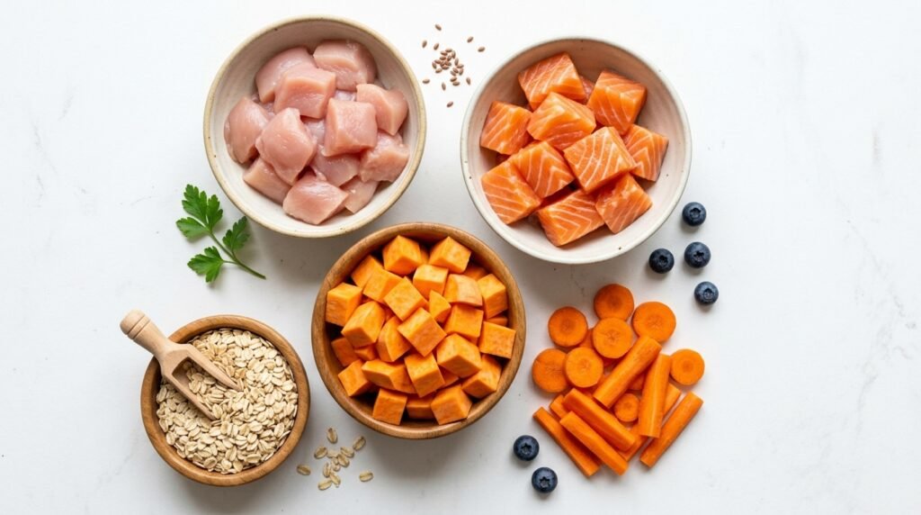 Healthy dog food ingredients including chicken salmon 
and vegetables