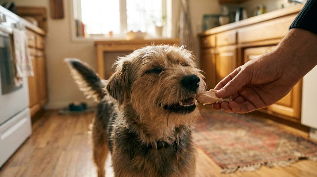 dog eating boiled chicken safe human food for dogs