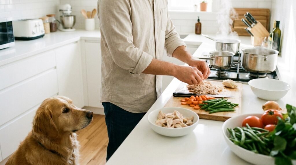 owner preparing safe healthy human food for dog at home