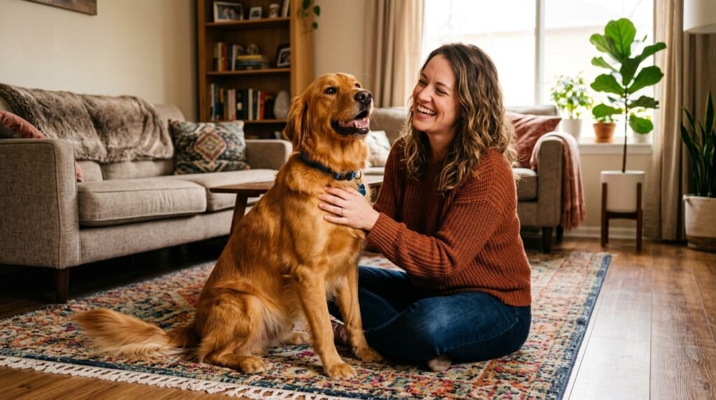 happy dog owner with healthy well fed dog at home