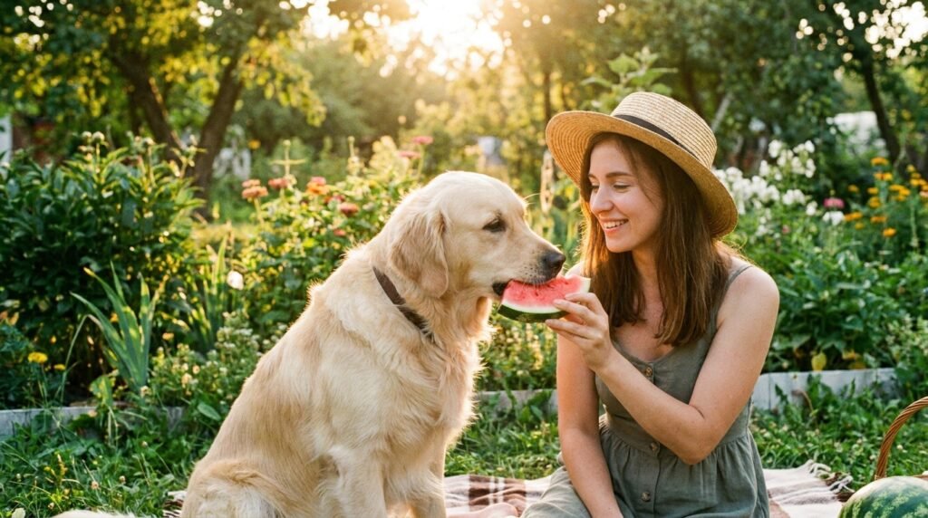 happy dog owner sharing safe human food watermelon in garden