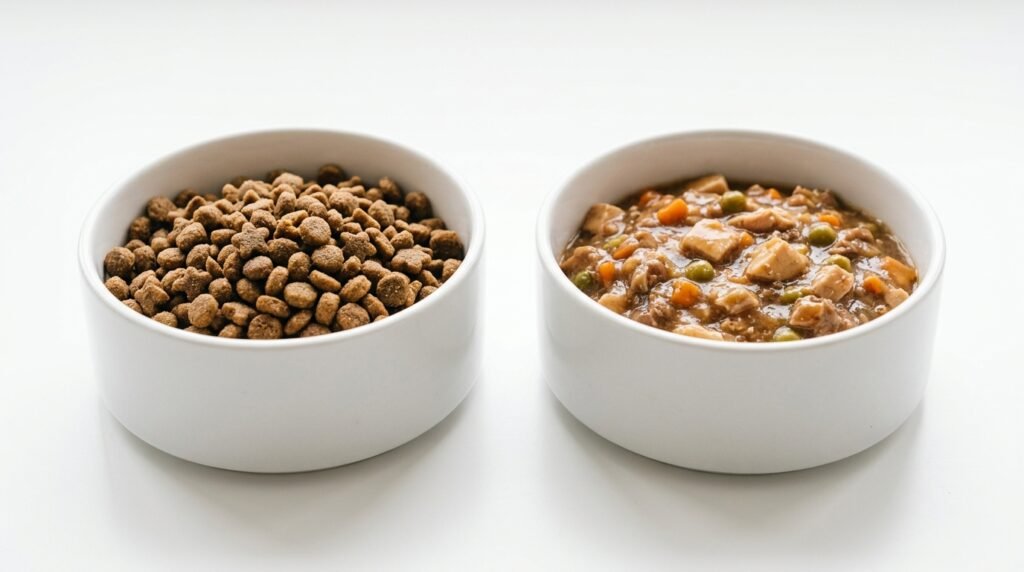 Dry kibble and wet canned dog food comparison in bowls