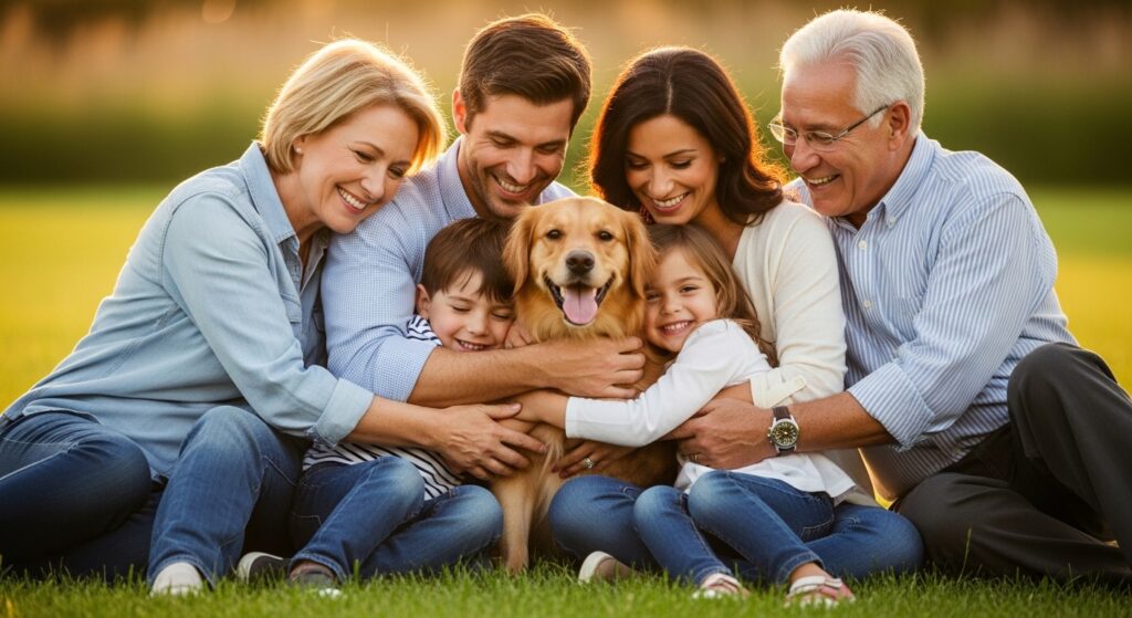 Happy family hugging their dog together in sunny park