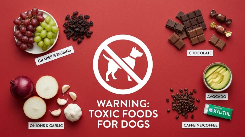 A flat lay of foods that are dangerous and toxic for dogs 
including grapes, chocolate, onions, garlic, and raisins 
on a red background with a warning symbol, top down view