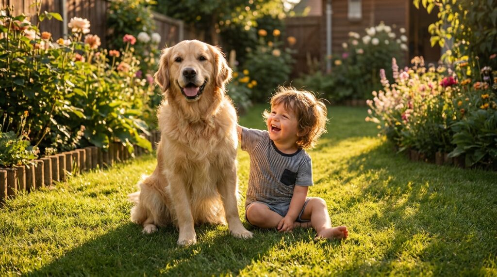 golden retriever sitting with child family dog breed USA 2026