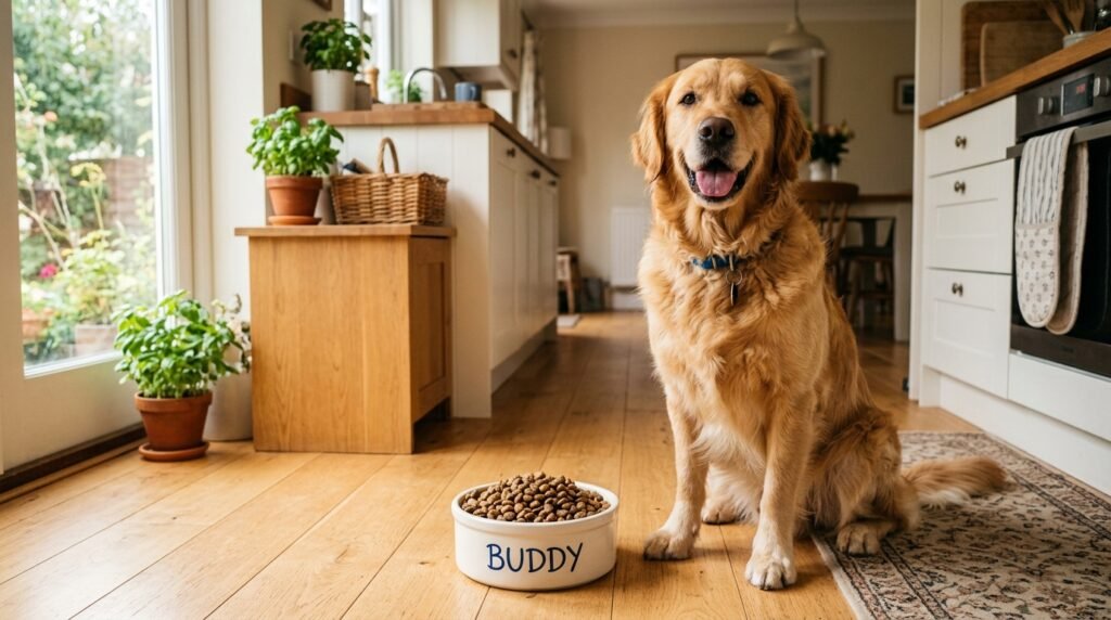 Happy dog sitting next to a bowl of healthy dog food