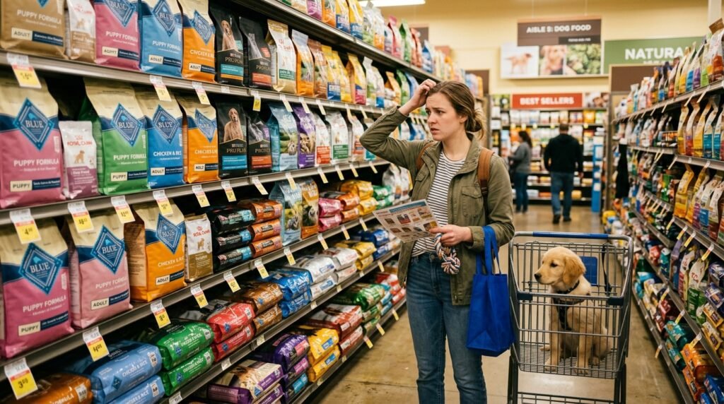 beginner dog owner confused choosing dog food in pet 
store aisle for the first time