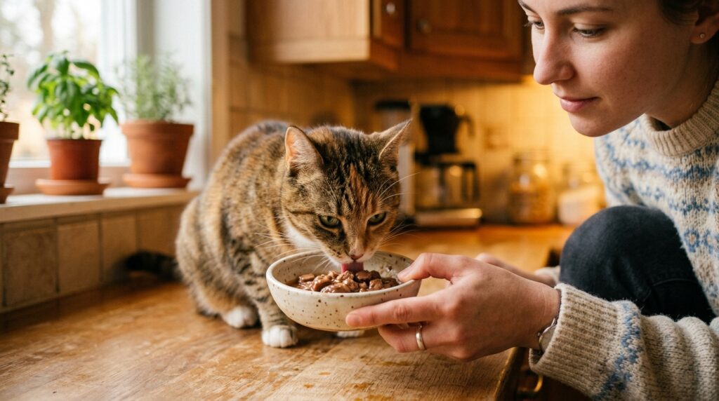person hand feeding cat wet food in ceramic bowl