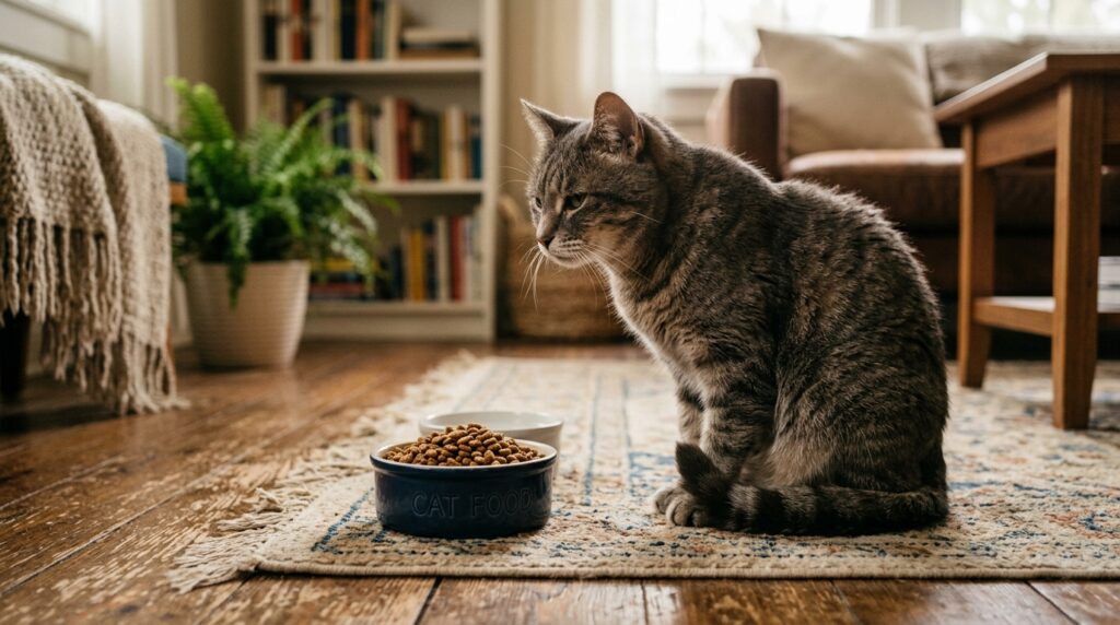 cat not eating food sitting next to full bowl