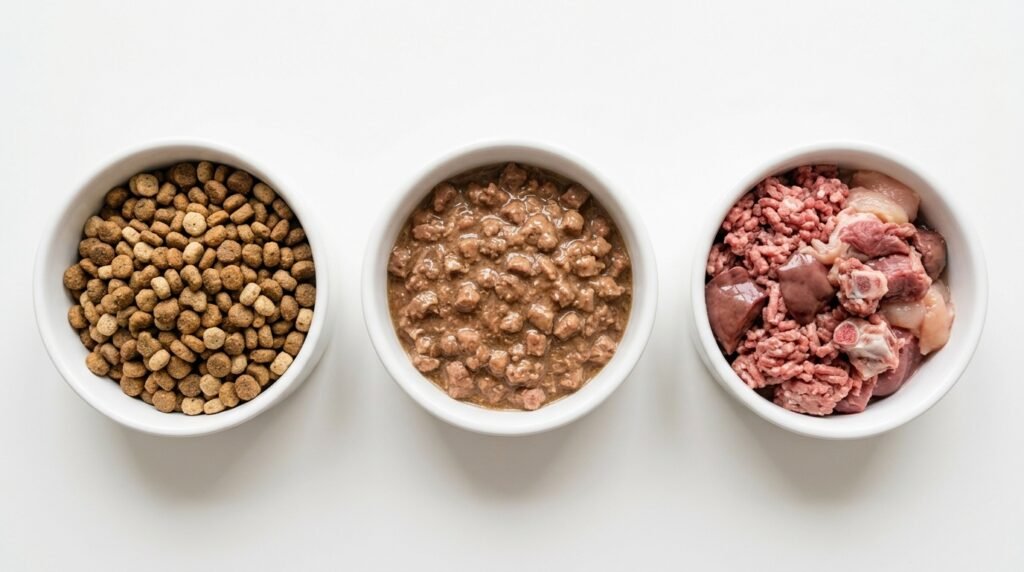 three types of dog food dry kibble wet food and raw diet for beginners