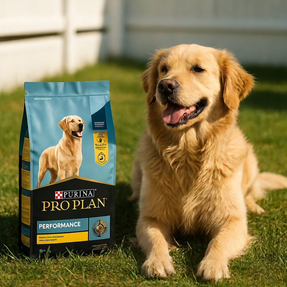  Purina Pro Plan dog food bag with golden retriever on green grass