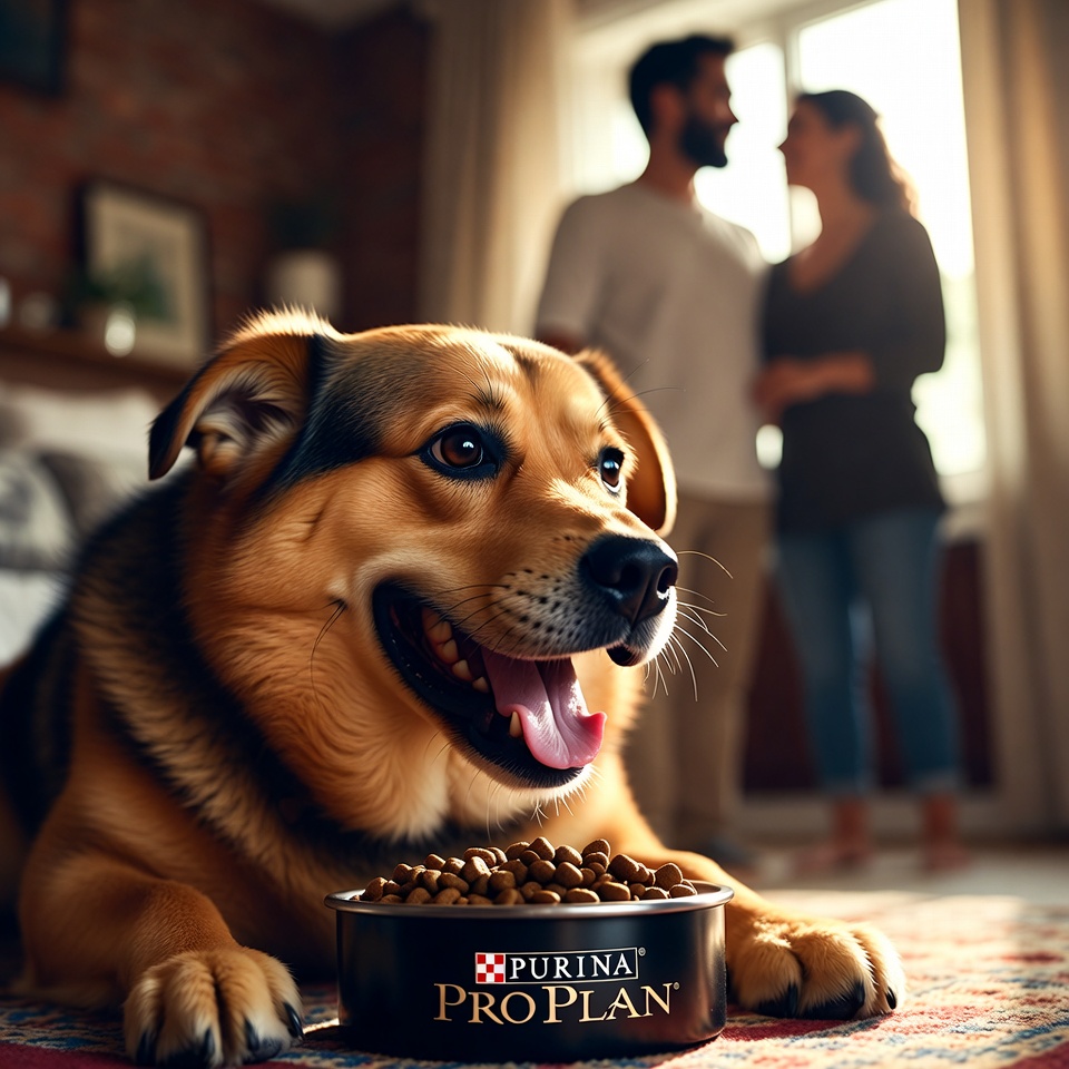 A heartwarming photorealistic scene of a happy healthy dog eating from a bowl of Purina Pro Plan dog food, family watching lovingly in background, warm home setting, golden hour lighting, 4K DSLR quality