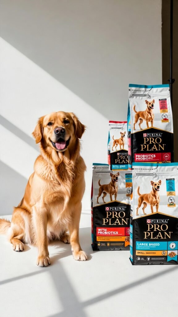 Happy golden retriever sitting next to Purina Pro Plan dog food bags — Is Purina Pro Plan Worth It in 2025