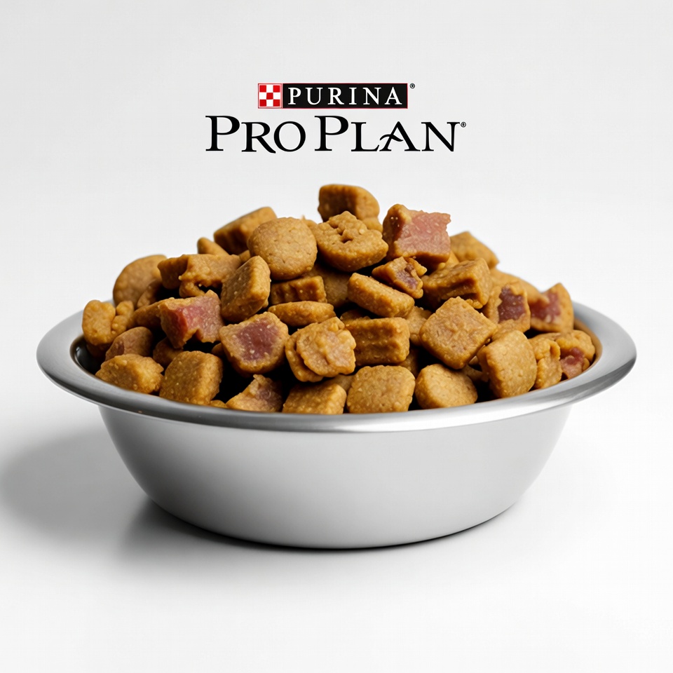 Purina Pro Plan dog food kibble in silver bowl close up