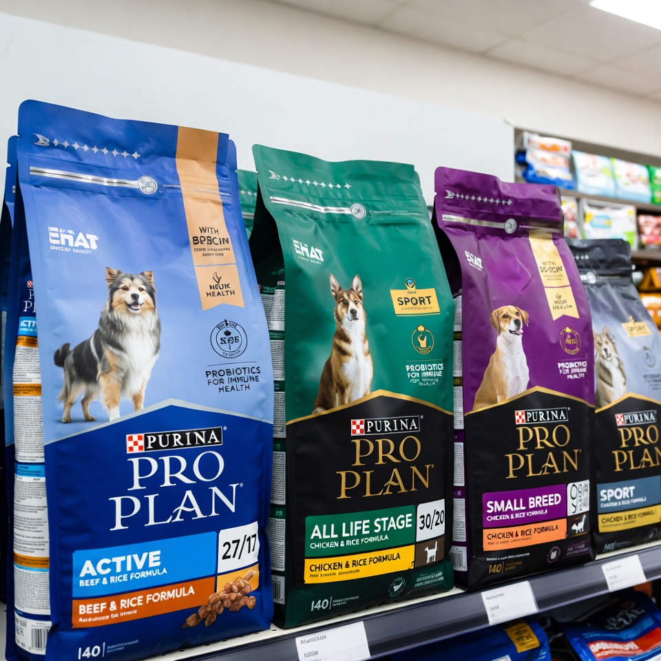 Multiple Purina Pro Plan dog food varieties displayed on store shelf