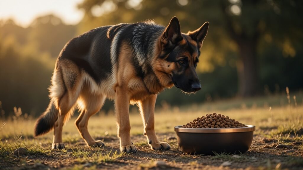 Best German Shepherd food 2026 – adult German Shepherd with premium dog food bowl