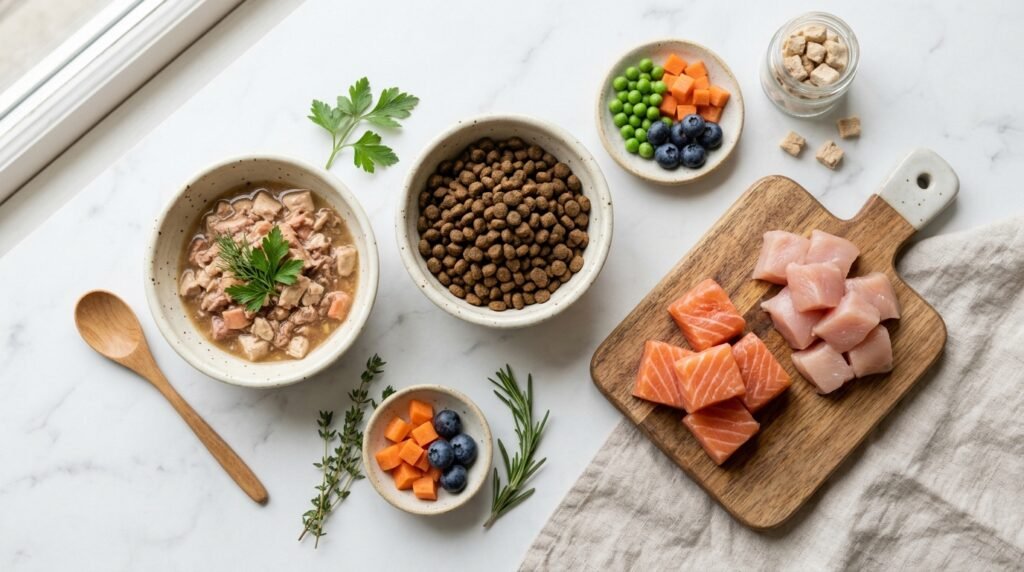 A ceramic bowl of wet cat food and dry kibble beside fresh chicken and salmon on a marble surface, illustrating healthy cat nutrition options.