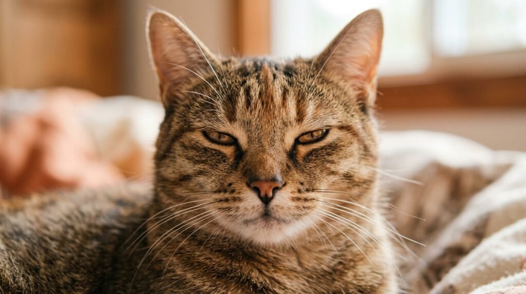 A cat giving a slow blink at the camera — a natural sign of trust and affection in feline body language.