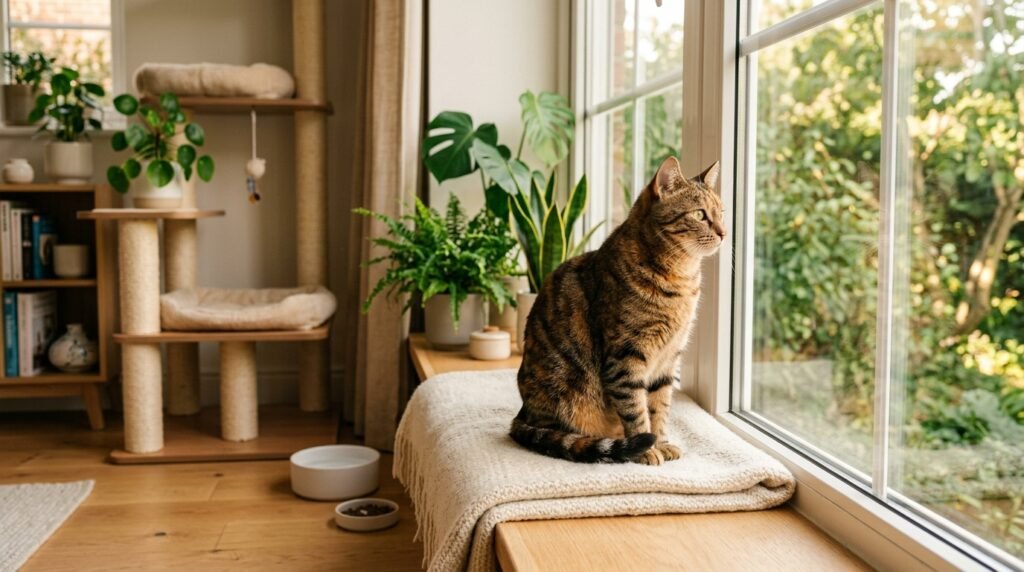 A healthy, well-groomed cat sitting by a sunlit window in a cozy home, representing complete cat care and a happy indoor lifestyle.