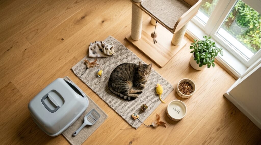 A cat near its basic essentials including food bowl, water, and a cat tree, showing a complete and comfortable home setup.