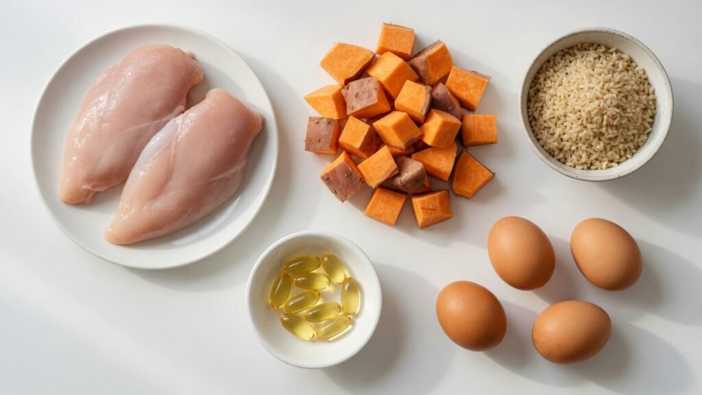German Shepherd diet ingredients – protein, carbs and healthy fats including chicken, sweet potato and brown rice