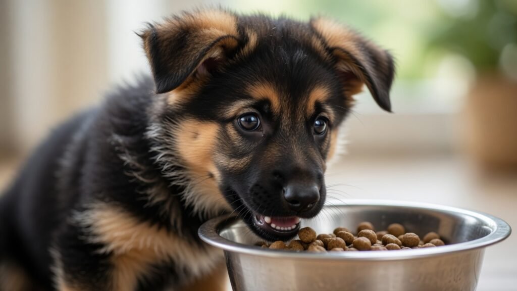 German Shepherd puppy eating large breed puppy formula dog food from a bowl
