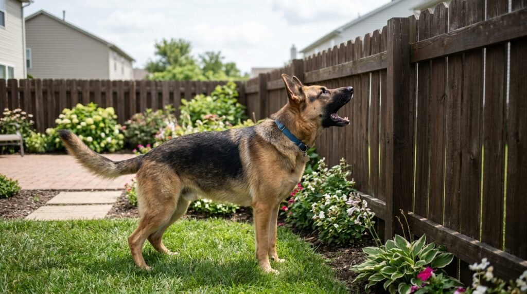 German Shepherd barking at a fence, showing alert guarding behaviour