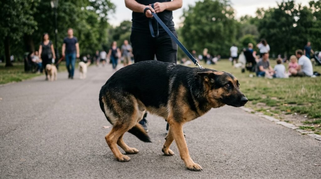 German Shepherd showing fearful body language with tucked tail and lowered posture