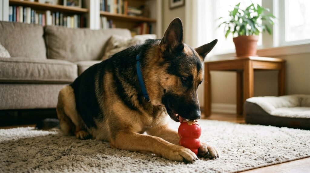 German Shepherd using a puzzle toy to stay mentally stimulated while alone