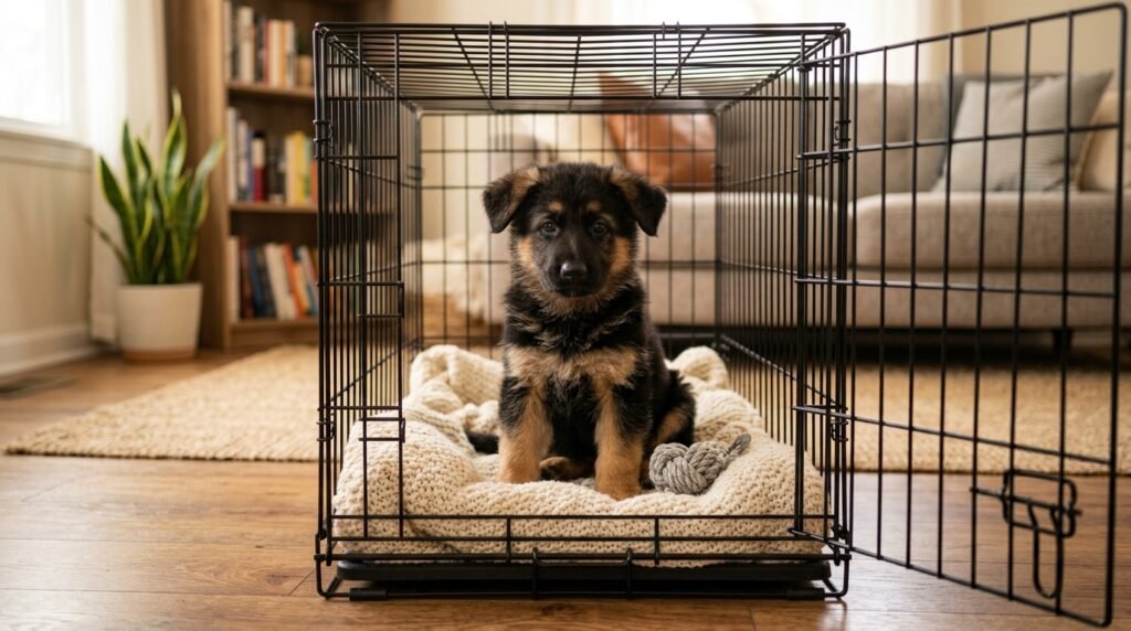 German Shepherd puppy learning how to crate train inside a cozy wire dog crate with a soft blanket