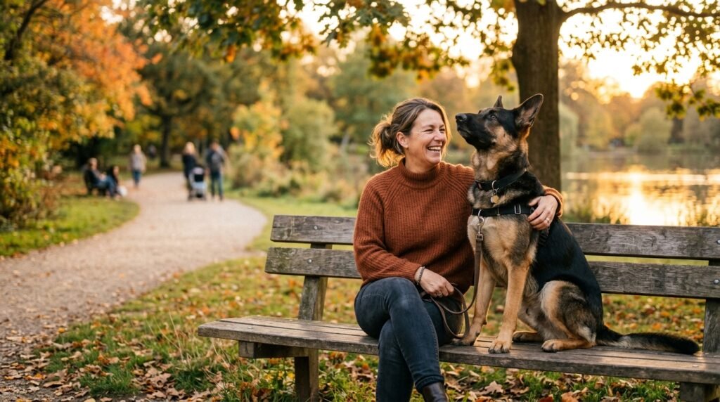 Happy German Shepherd sitting contentedly beside its owner on a park bench at golden hour