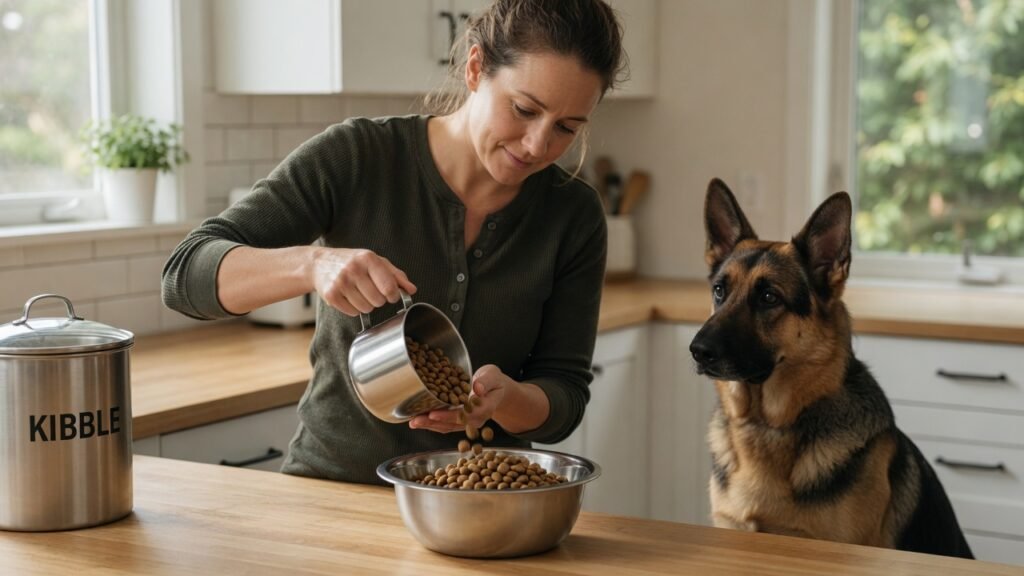 How much to feed a German Shepherd – owner measuring correct daily portion of dry kibble