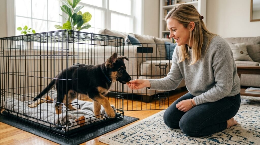 Owner using positive reinforcement to crate train a German Shepherd puppy with treats
