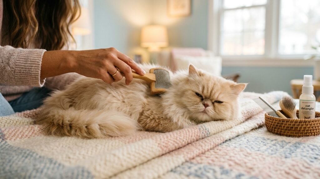 A person brushing a fluffy Persian cat on a cozy blanket, demonstrating proper grooming technique for a healthy coat.