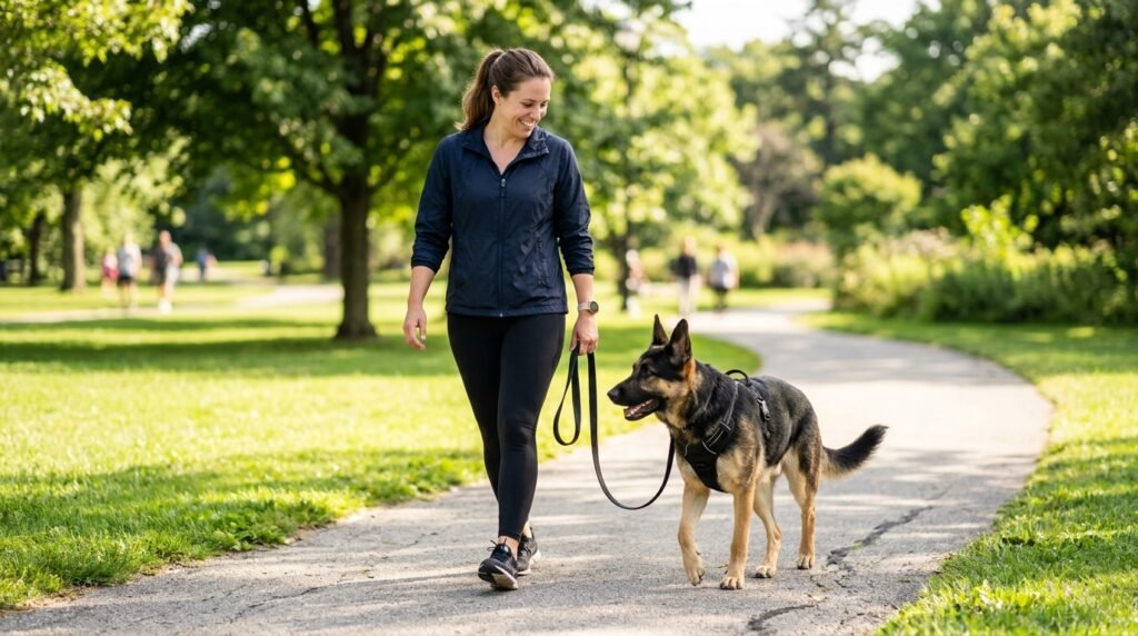 German Shepherd walking calmly on a loose leash beside its owner in a park