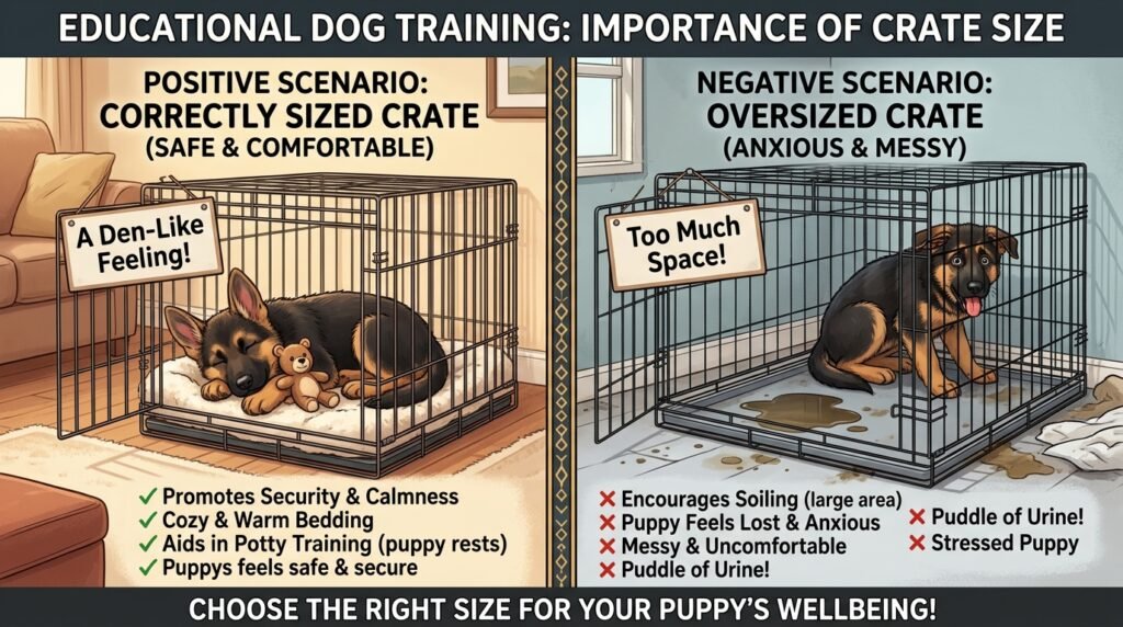 Comparison of correct versus incorrect crate size for a German Shepherd puppy during crate training