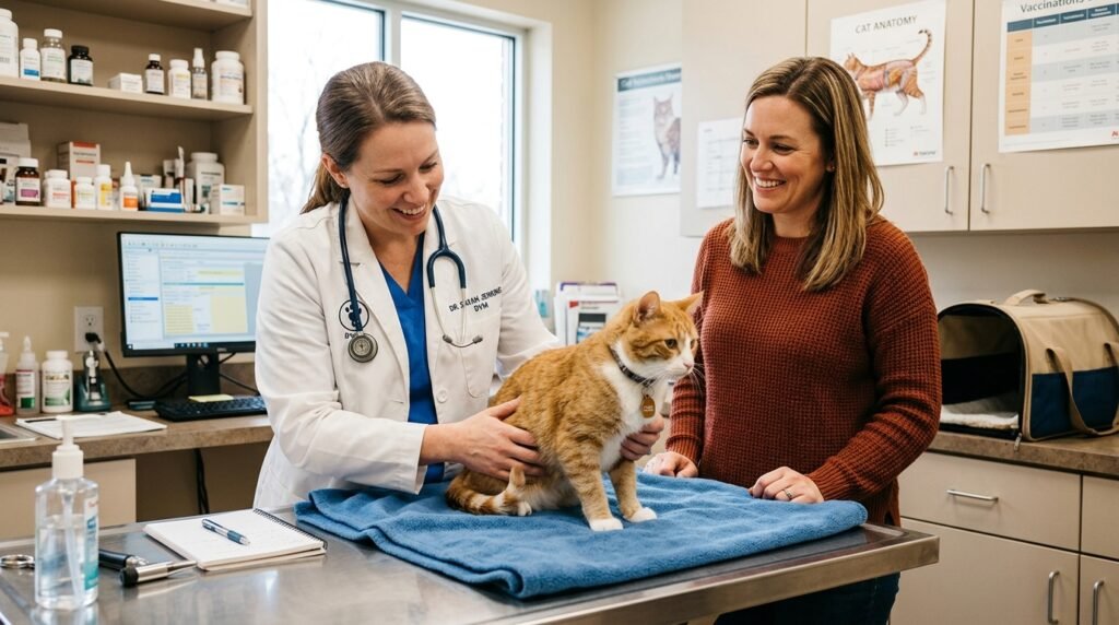 A vet examining a cat on a clinic table with the owner nearby, showing the importance of regular vet checkups.