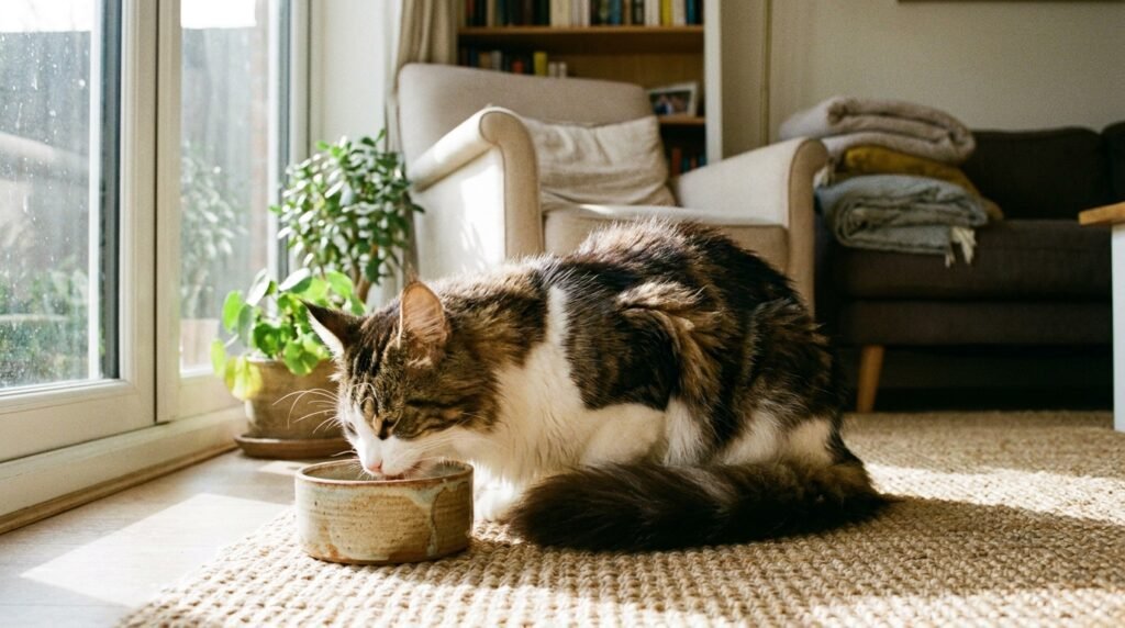 Maine Coon cat eating Royal Canin breed-specific cat food