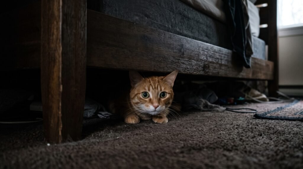 Lethargic cat hiding under furniture as a sign of cat illness