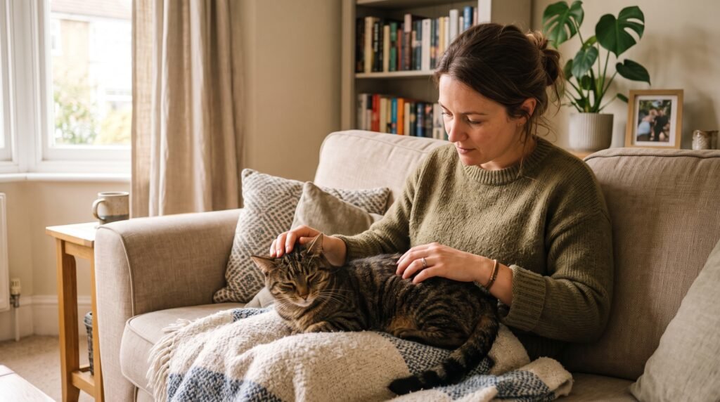 Owner checking cat at home for signs of illness