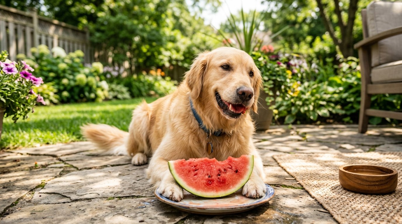 Happy golden retriever dog eating a fresh watermelon slice - Can dogs eat watermelon safely