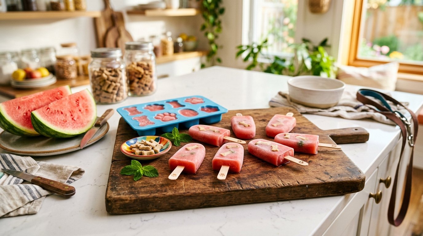 Homemade frozen watermelon popsicle treats for dogs - easy summer recipe