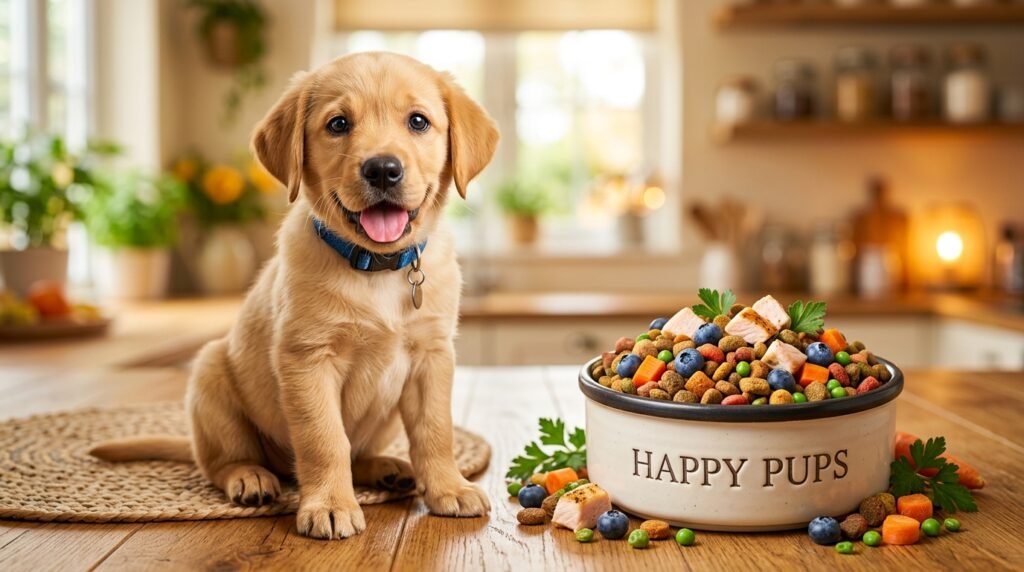 Best food for Labrador puppies - happy healthy puppy eating from food bowl