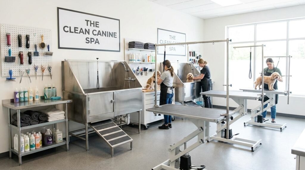 "clean dog groomer near me salon interior"